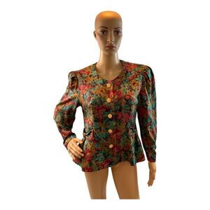 Regency Women Vintage Floral Button Up Short Jacket/top Long Sleeve SZ 40.